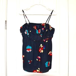 AMERICAN EAGLE OUTFITTERS NAVY FLORAL SMOCKING SPAGHETTI STRAP TOP SIZE LARGE